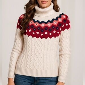 LOFT Cream and Red Patterned Turtleneck Sweater